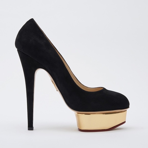 $1,100 Charlotte Olympia Dolly Black Leather pumps gold stilettos heels revolve - Picture 3 of 9